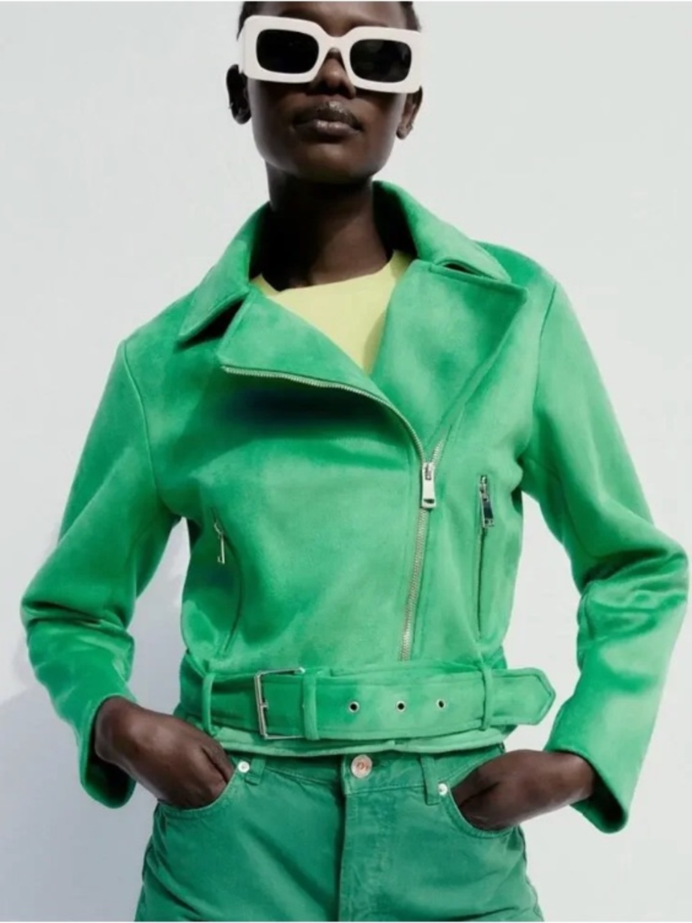 Zara Bright Green Suede Moto Jacket